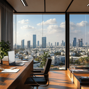 עורך דין מקרקעין מציג מסמכי טאבו ותוכניות בניין עיר על שולחן משרד נדל״ן בחיפה