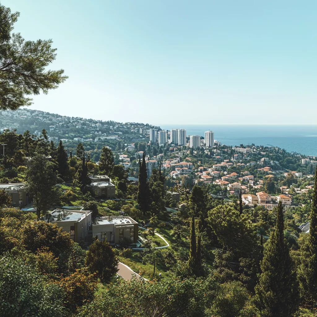 נוף פנורמי של שכונות הכרמל בחיפה עם הים התיכון ברקע