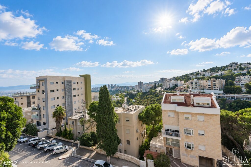 בנייני מגורים, רחוב ועצים על המדרון באחוזה, ונוף לים ברקע, חיפה
