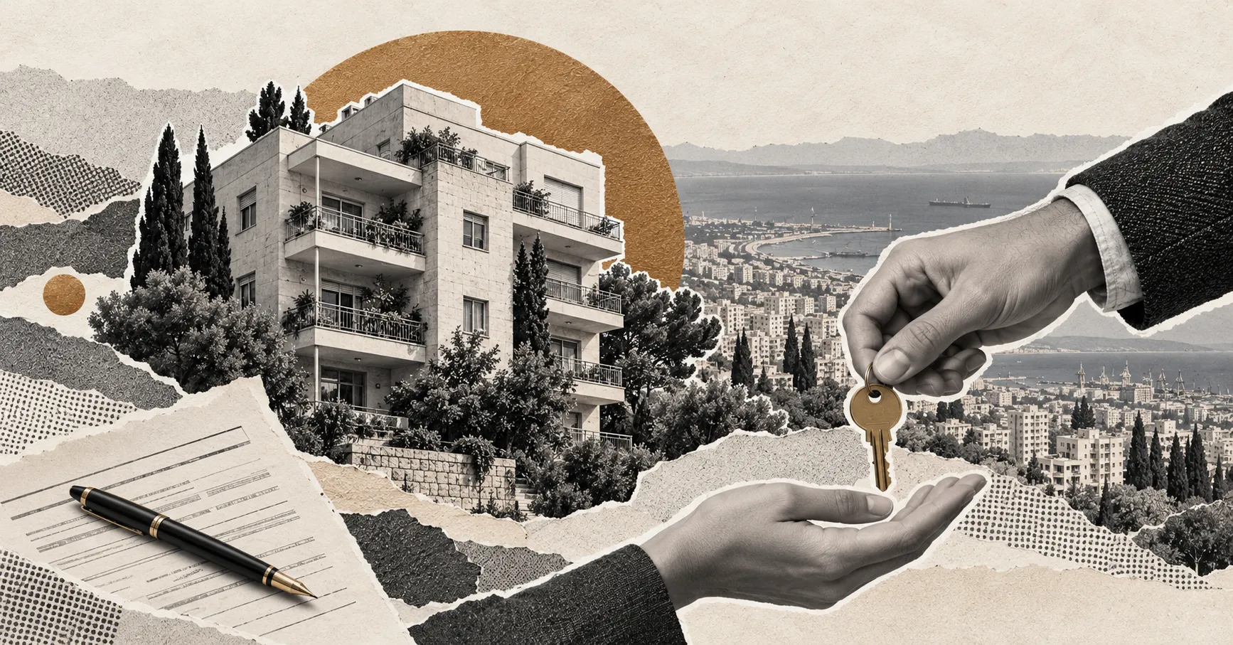 איור: מסירת מפתח של דירה בחיפה, עם בניין מגורים, חוזה ונוף למפרץ
