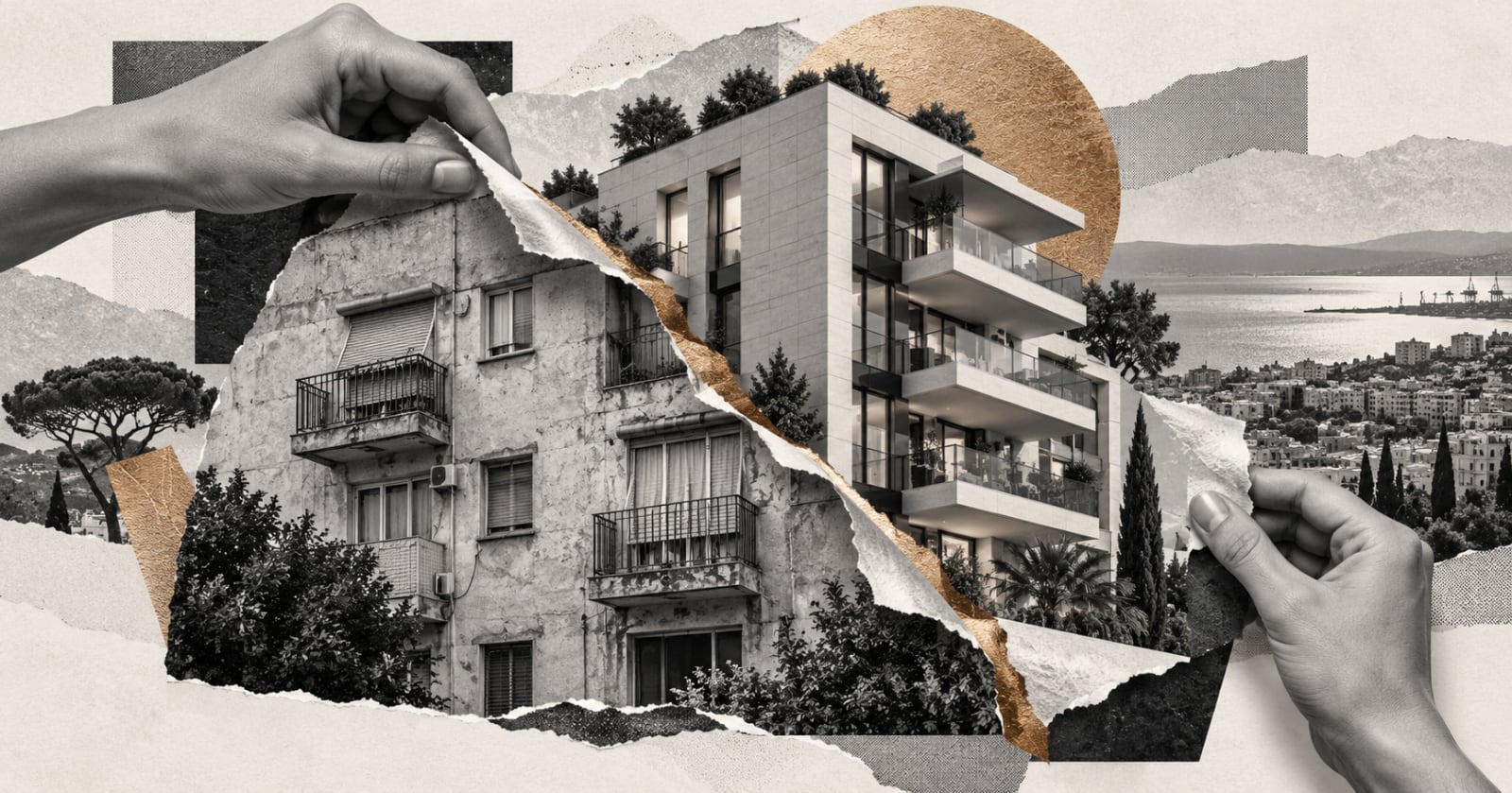 קולאז׳ של ידיים החושפות בניין מגורים מודרני מתחת לחזית ישנה, עם תפר ברונזה ונוף חיפאי ברקע.